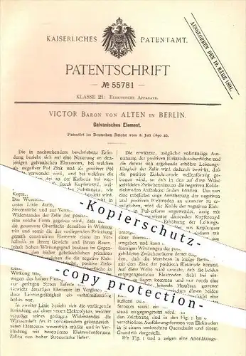 original Patent - Victor Baron von Alten in Berlin , 1890 , Galvanisches Element , Chemie , Batterie , Zink , Kupfer !!
