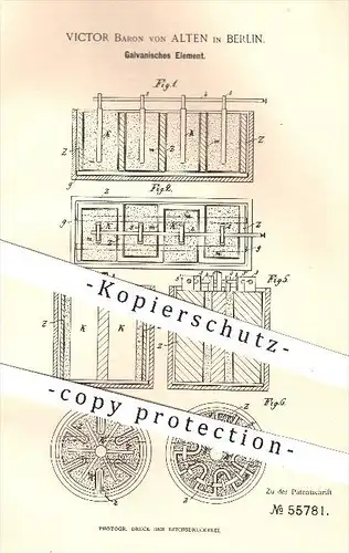 original Patent - Victor Baron von Alten in Berlin , 1890 , Galvanisches Element , Chemie , Batterie , Zink , Kupfer !!