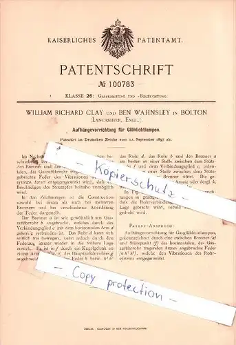 Original Patent  - William Richard Clay und Ben Wahnsley in Bolton , Lancashire, Engl. , 1897 , !!!