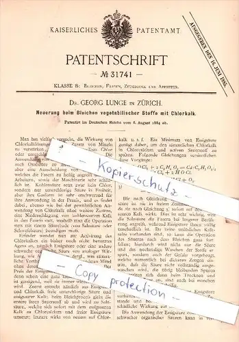 Original Patent  - Dr. Georg Lunge in Zürich , 1884 , Bleichen vegetabilischer Stoffe mit Chlorkalk !!!