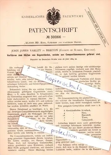 Original Patent  - John James Varley in Merton , County of Surrey, England , 1884 , !!!