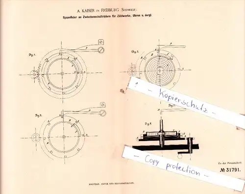 Original Patent  - A. Kaiser in Freiburg , Schweiz 1884 ,  Zählwerk für Uhren , Uhrmacher !!!