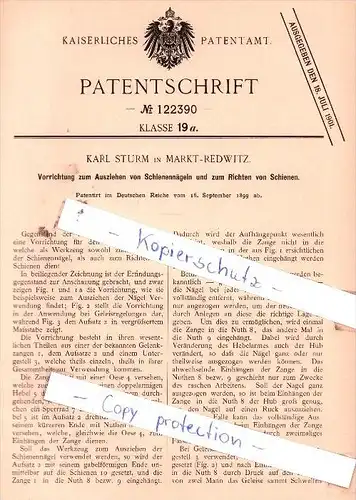 Original Patent  - Karl Sturm in Markt-Redwitz , 1899 ,  Ausziehen von Schienennägeln Eisenbahn , Schiene !!!