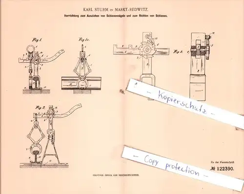 Original Patent  - Karl Sturm in Markt-Redwitz , 1899 ,  Ausziehen von Schienennägeln Eisenbahn , Schiene !!!