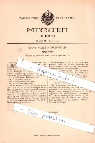 Original Patent  -  Franz Wolff in Eschweiler , 1898 , Koksofenthür !!!