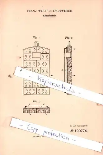 Original Patent  -  Franz Wolff in Eschweiler , 1898 , Koksofenthür !!!