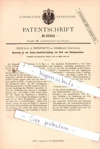Original Patent  - Seewald & Priesemuth in Striegau , Schlesien , 1884 , Samen-Auslaßvorrichtung  !!!