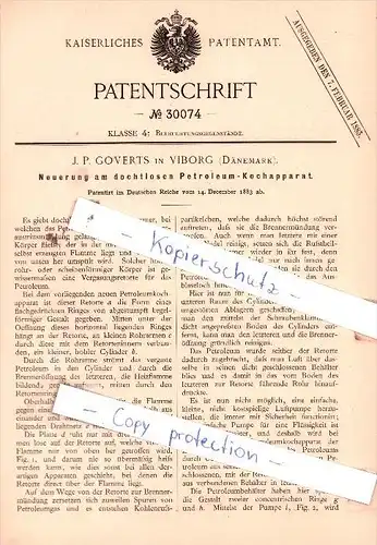 Original Patent  -  J. P. Goverts in Viborg , Dänemark , 1883 , Petroleum-Kochapparat !!!