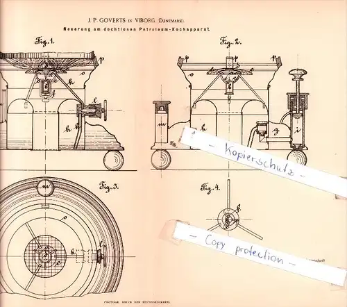 Original Patent  -  J. P. Goverts in Viborg , Dänemark , 1883 , Petroleum-Kochapparat !!!