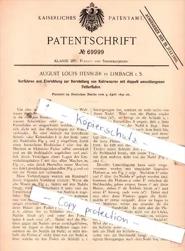Original Patent  - August Louis Hensger in Limbach i. S. , 1892 , Flecht- und Druckmasachinen !!!