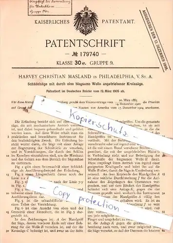 Original Patent  - H.C. Masland in Philadelphia, USA , 1905 , Schädelsäge , Schädel , Pathologie , Chirurgie !!!