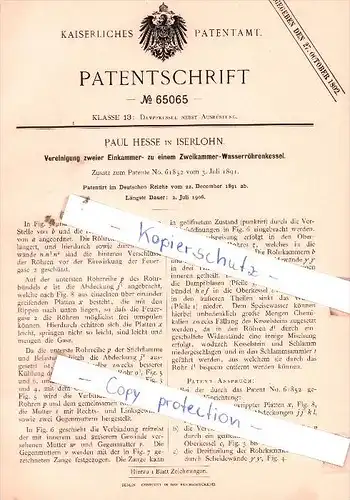 Original Patent  - Paul Hesse in Iserlohn , 1891 , Dampfkessel nebst Ausrüstung !!!