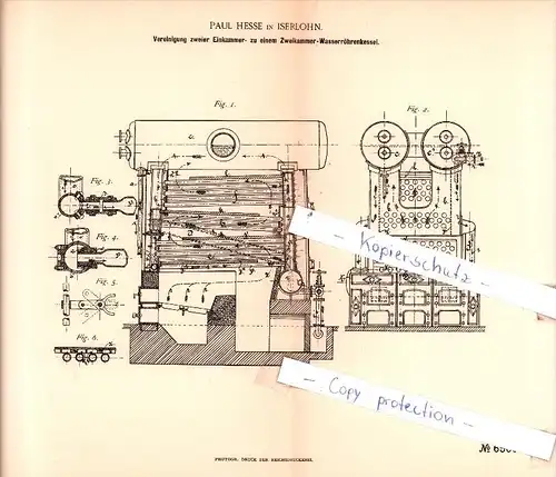 Original Patent  - Paul Hesse in Iserlohn , 1891 , Dampfkessel nebst Ausrüstung !!!