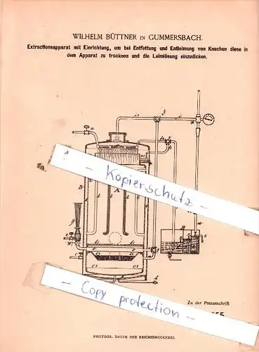 Original Patent  - Wilhelm Büttner in Gummersbach , 1884 , Fettindustrie !!!