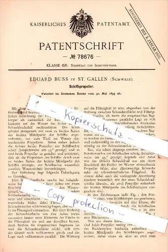 Original Patent  - Eduard Buss in St. Gallen , Schweiz , 1893 , Schiffspropeller !!!