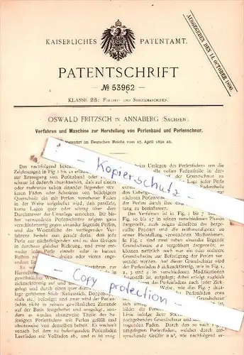 Original Patent  - Oswald Fritzsch in Annaberg , Sachsen , 1890 , Perlen , Perlenschnur ,Flecht- und Strickmaschinen !!!