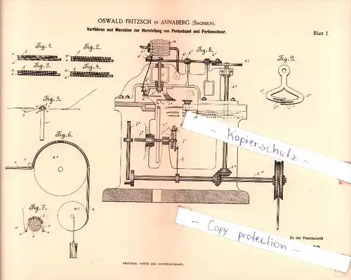 Original Patent  - Oswald Fritzsch in Annaberg , Sachsen , 1890 , Perlen , Perlenschnur ,Flecht- und Strickmaschinen !!!