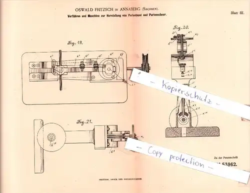 Original Patent  - Oswald Fritzsch in Annaberg , Sachsen , 1890 , Perlen , Perlenschnur ,Flecht- und Strickmaschinen !!!