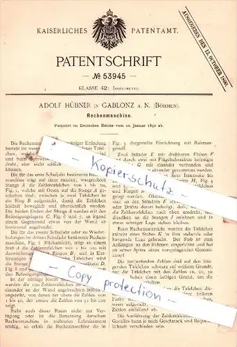 Original Patent  - Adolf Hübner in Gablonz a. N. , Böhmen , 1890 , Rechenmaschine !!!