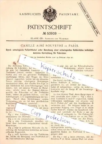Original Patent  - Camillè Aimè Rouveyre in Paris , 1890 , Sattlerei und Wagenbau , Fahrrad , Sattelstütze !!!