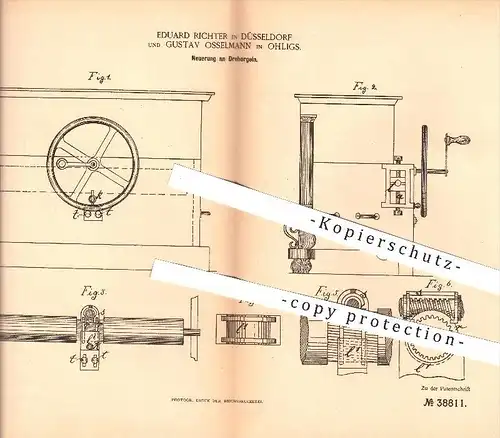 original Patent - Eduard Richter , Düsseldorf / Gustav Osselmann , Ohligs , 1886 , Drehorgel , Orgel , Orgel , Musik !