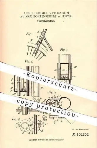 original Patent - Ernst Hommel , Pforzheim / Max Bortenreuter , Leipzig , 1898 , Fahrrad - Schloss , Fahrräder !!!