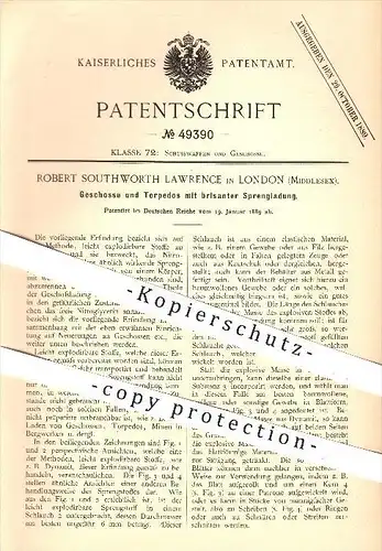 original Patent - R. Southworth Lawrence , London , Middlesex , 1889 , Geschosse u. Torpedos mit Sprengladung , Waffen !