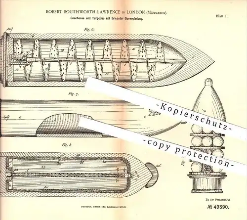 original Patent - R. Southworth Lawrence , London , Middlesex , 1889 , Geschosse u. Torpedos mit Sprengladung , Waffen !