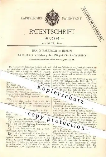 original Patent - Hugo Baudisch in Berlin , 1891 , Antrieb der Flügel für Luftschiffe , Luftschiff , Fliegen , Sport !!!