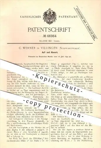 original Patent - C. Werner in Villingen , Schwarzwald , 1892 , Auf- und Abwerk , Uhrwerk , Uhr , Uhren , Uhrmacher !!!