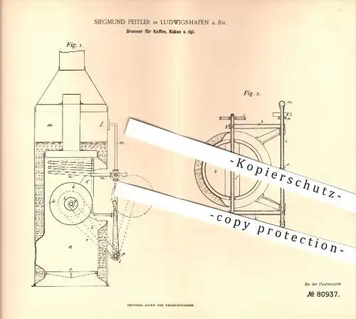 original Patent - Siegmund Feitler , Ludwigshafen / Rhein , 1894 , Brenner für Kaffee , Kakao , Trockenvorrichtung !!!