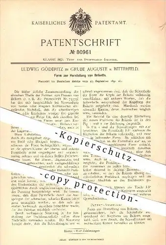 original Patent - L. Göderitz , Grube Auguste , Bitterfeld , 1894 , Form zur Herstellung von Briketts , Kohle , Kohlen !