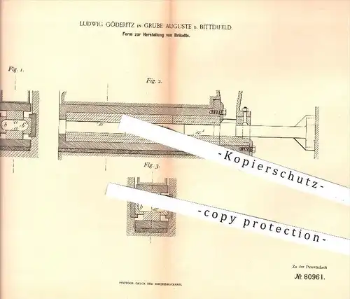 original Patent - L. Göderitz , Grube Auguste , Bitterfeld , 1894 , Form zur Herstellung von Briketts , Kohle , Kohlen !