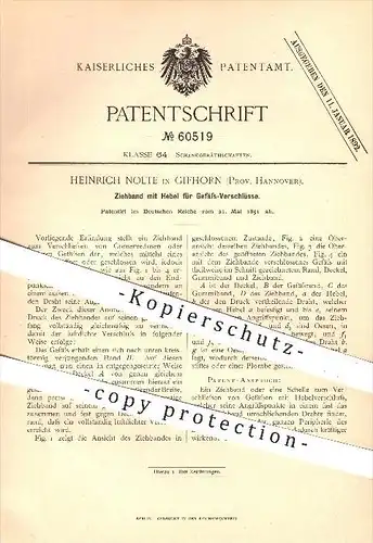 original Patent - Heinrich Nolte in Gifhorn , 1891 , Ziehband mit Hebel für Gefäß - Verschlüsse , Gastronomie , Glas !
