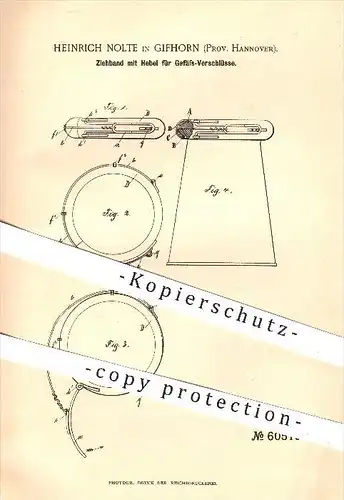 original Patent - Heinrich Nolte in Gifhorn , 1891 , Ziehband mit Hebel für Gefäß - Verschlüsse , Gastronomie , Glas !