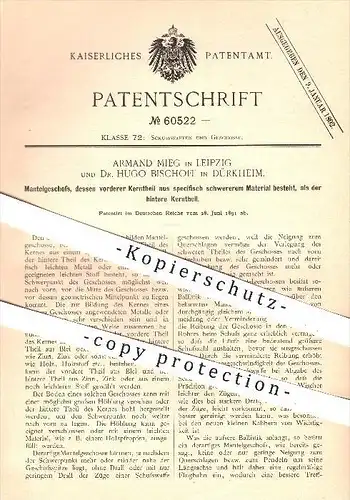 original Patent - Armand Mieg , Leipzig / Dr. H. Bischoff , Dürkheim 1891 , Mantelgeschoss , Waffen , Gewehre , Geschoss