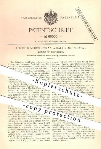 original Patent - Albert Benedict Lyman in Baltimore , USA , 1890 , Zughebel für Geburtszangen , Arzt , Geburt , Medizin