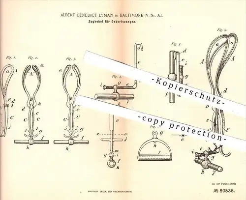 original Patent - Albert Benedict Lyman in Baltimore , USA , 1890 , Zughebel für Geburtszangen , Arzt , Geburt , Medizin