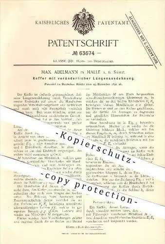 original Patent - Max Abelmann in Halle / Saale , 1891 , verstellbarer Koffer , Reisekoffer , Taschen , Reisegepäck !!!