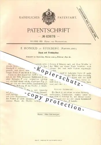 original Patent - E. Honold in Stolberg , 1892 , Stock mit Trinkbecher , Reisestock , Reise - Gepäck , Freizeit , Sport