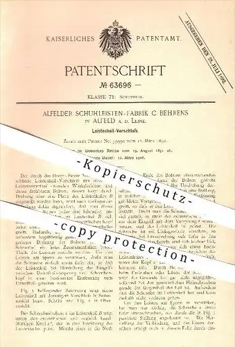 original Patent - Schuhleisten - Fabrik C. Behrens , Alfeld , 1891 , Leistenkeil - Verschluss , Schuhe , Schuster !!!
