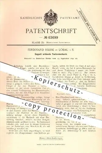 original Patent - Ferdinand Rähse in Löbau , 1891 , Tastenmechanik , Flügel , Klavier , Piano , Harmonium , Musik !!!