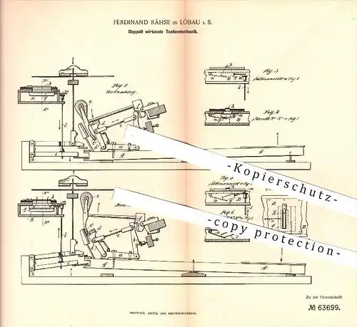 original Patent - Ferdinand Rähse in Löbau , 1891 , Tastenmechanik , Flügel , Klavier , Piano , Harmonium , Musik !!!