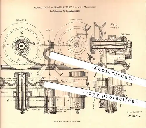 original Patent - Alfred Dopp in Hamersleben , 1894 , Laufrollenlager für Hängebahnwagen , Bahn , Wagon , Eisenbahn !!