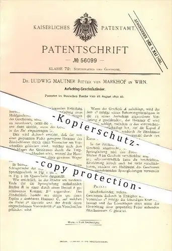 original Patent - Dr. Ludwig Mautner Ritter von Markhof in Wien , 1890 , Aufschlag - Geschosszünder , Waffen , Zünder !!