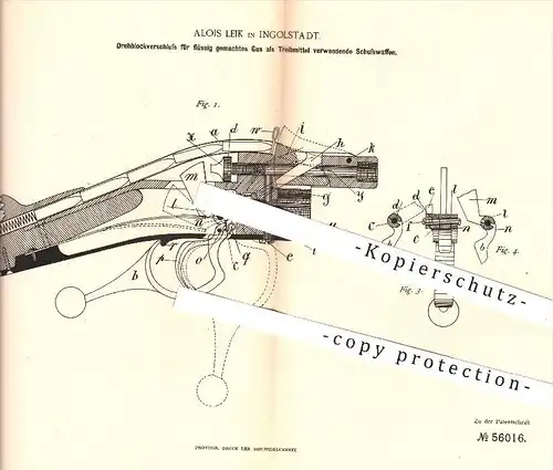 original Patent - A. Leik , Ingolstadt , 1890 , Blockverschluss für Gasgewehr , Gewehr , Gewehre , Schusswaffen , Waffen