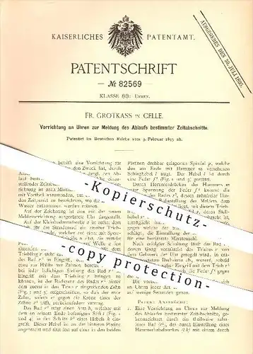original Patent - Fr. Grotkass in Celle , 1895 , Uhr , Uhren , Wecker , Uhrwerk , Glocke , Klingel , Uhrmacher , Zeit !!
