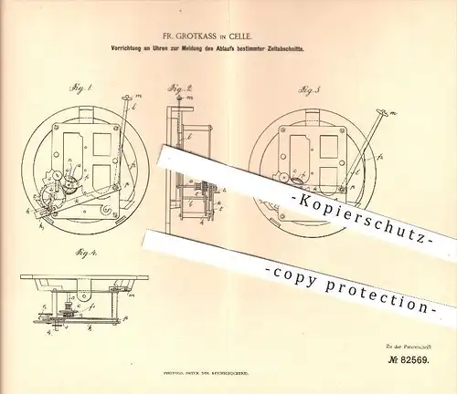 original Patent - Fr. Grotkass in Celle , 1895 , Uhr , Uhren , Wecker , Uhrwerk , Glocke , Klingel , Uhrmacher , Zeit !!