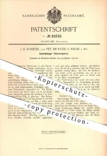 original Patent - J. H. Ermbter , Pet. de Rath , Neuss / Rhein , 1895 , Türversperrer , Tür , Türen , Schloss !!!