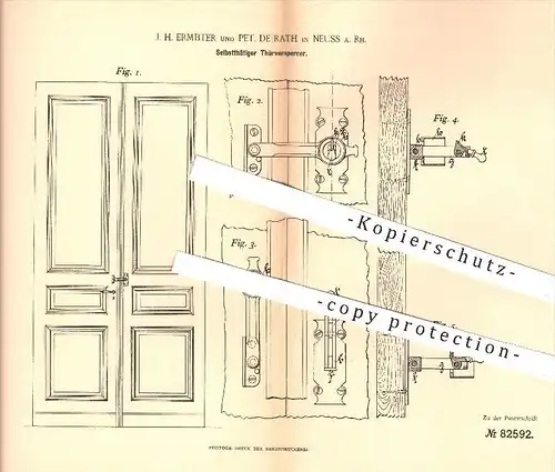 original Patent - J. H. Ermbter , Pet. de Rath , Neuss / Rhein , 1895 , Türversperrer , Tür , Türen , Schloss !!!